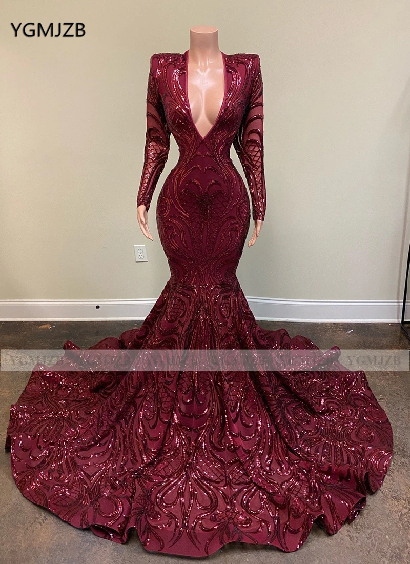

Burgundy Long Mermaid Prom Dresses 2020 Sparkly Sequin Deep V Neck Long Sleeve African Girl Gown Women Formal Prom Dress