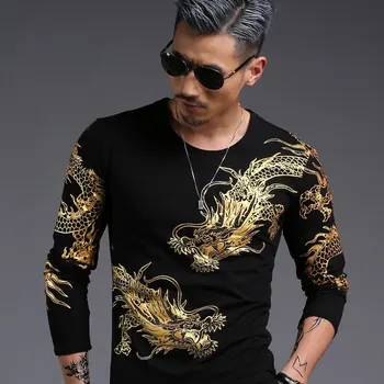 

Chinese Style Mens Dragon Printed Round Neck Long Sleeves Cotton Blend T-Shirts Tops Casual Male T-shirt C34