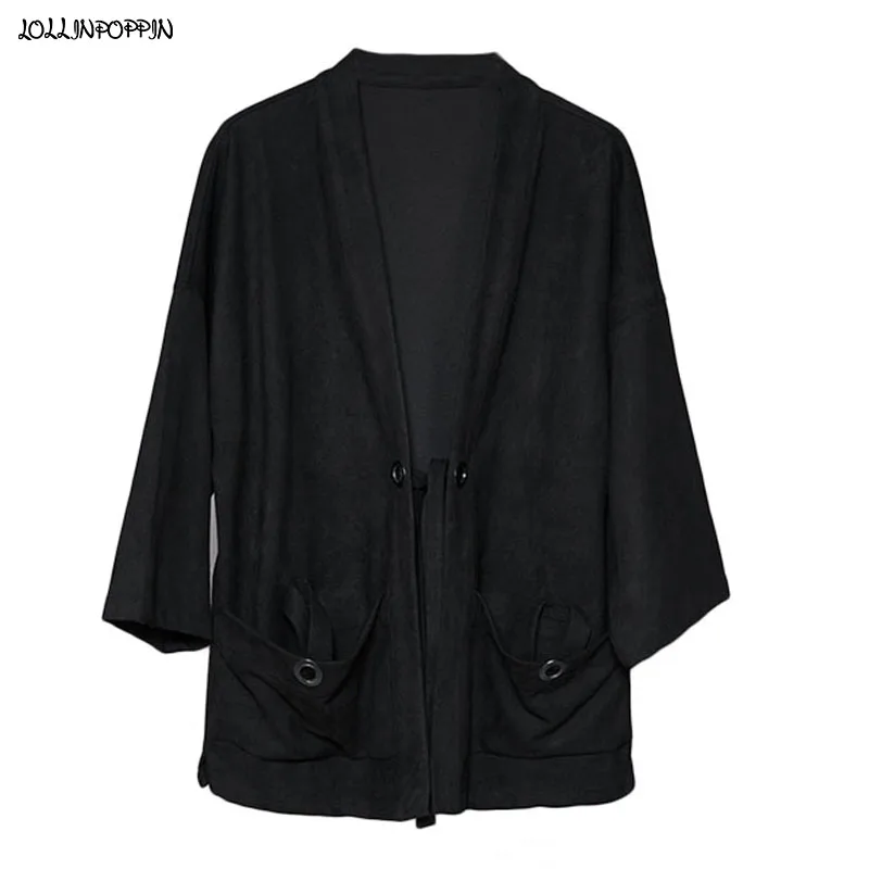 

Men Faux Suede Kimono Jacket Japan Style 2022 Spring New Drop Shoulder Three Quarter Sleeves Male Thin Coat Haori