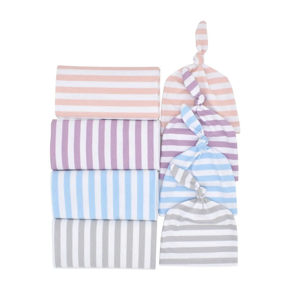 

Newborn Cotton Striped Wrapped Tire Cap 2-Piece Set Cross-border Newborn Embracing Purple Blanket Knotted Tire Cap