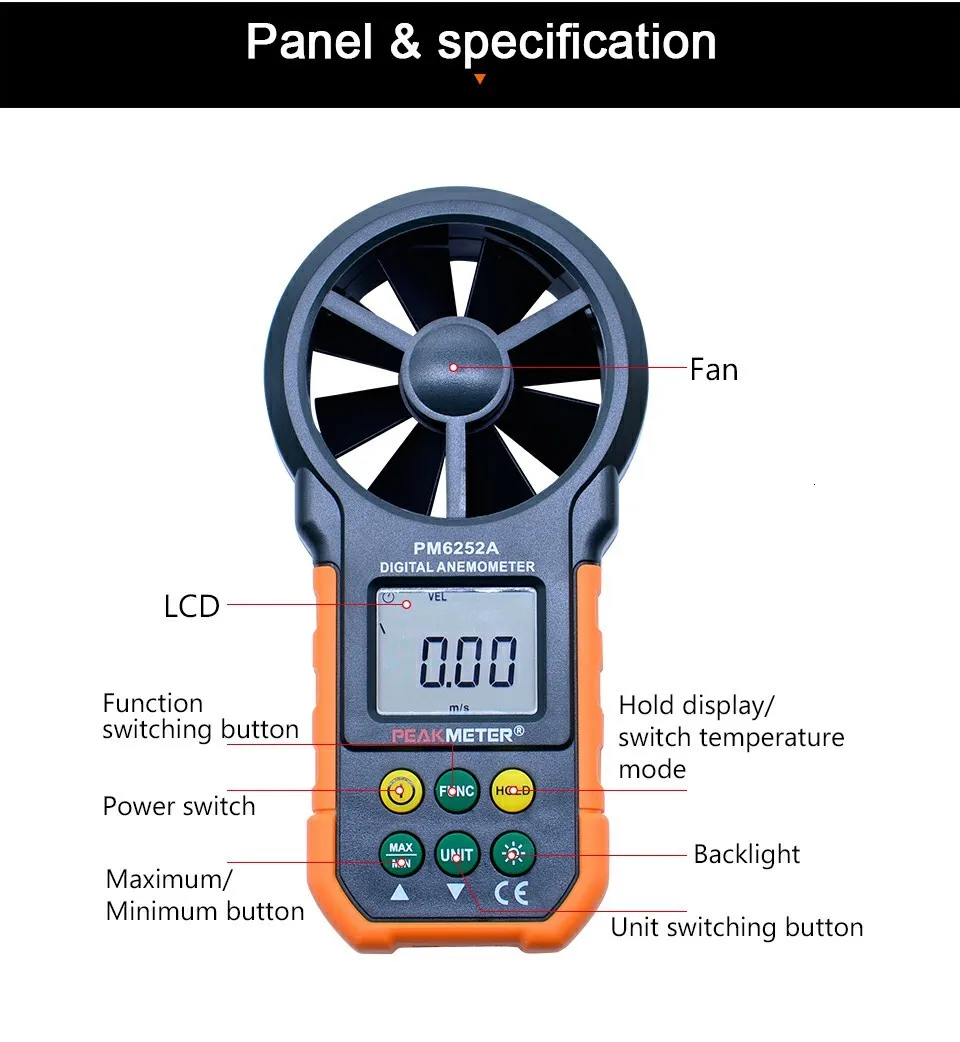 PEAKMETER PM6252A цифровой анемометр Ручной ЖК-электронный измеритель скорости ветра и объема воздуха с подсветкой