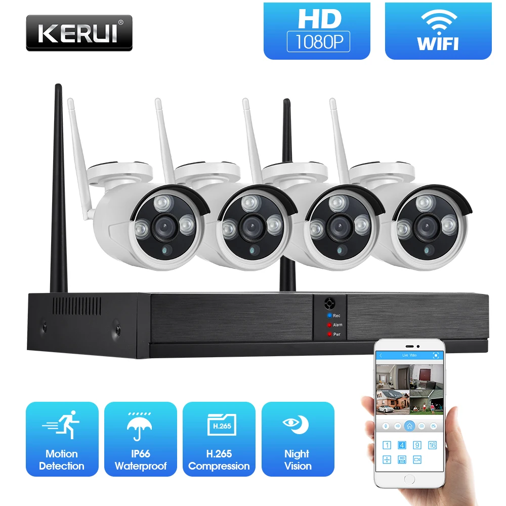 Низкие цены поставляются из России KERUI H.265 1080P 2MP 4CH Беспроводная камера NVR система