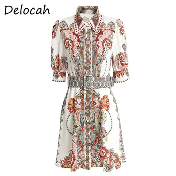 

Delocah Spring Summer Dress Fashion Designer Women Short Sleeve Gorgeous Crystal Vintage Printed Female Short Dresses vestoidos