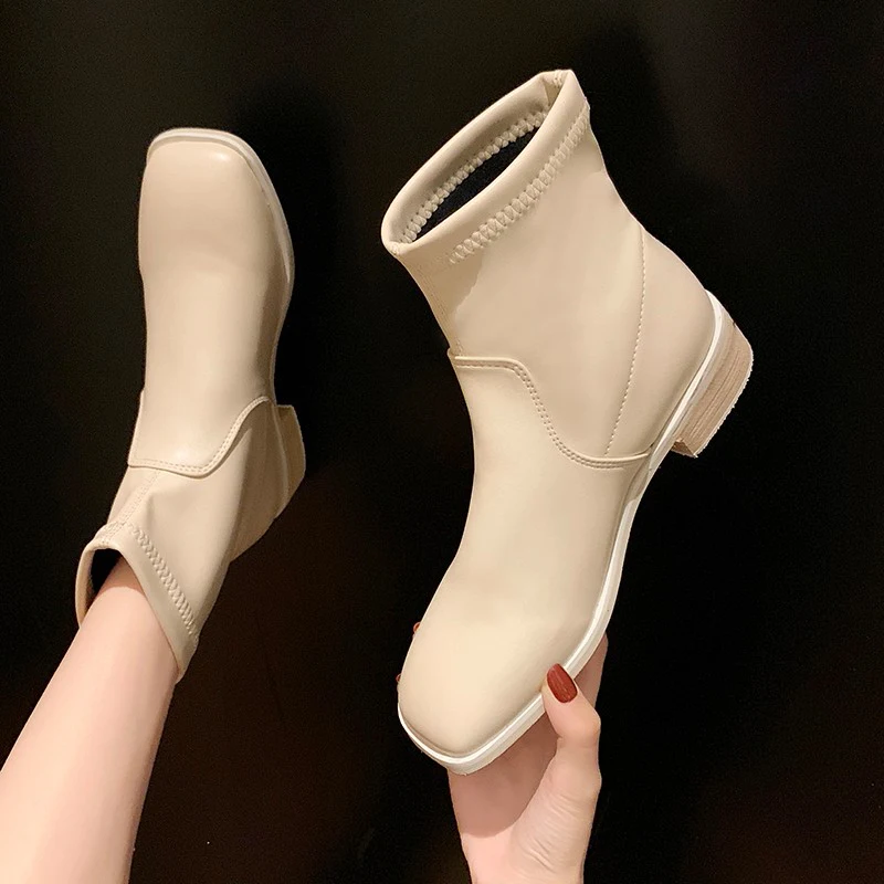 Black Beige Leather Women Knee High Boots Square Head Footwear Low Heels Female Motorcycle Boot Shoes Woman Winter New