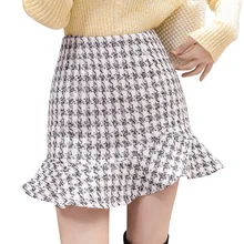 Высокая талия плед рыбий хвост оборки мини юбка женская осень зима шерстяной твид короткие женские юбки винтажная Сексуальная юбка Хаундстут