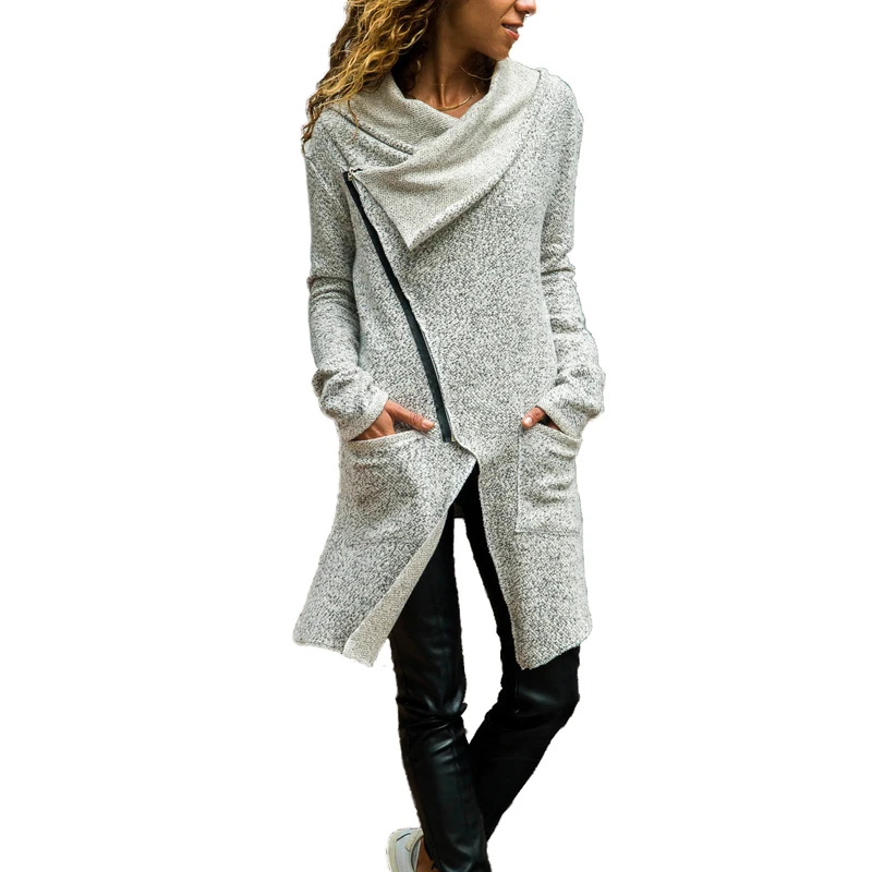 

AvoDvoA Women Long Coat Autumn Winter Long Sleeve Turn-down Collar Zipper Jackets Fashion Solid Irregular Female Coats Tops