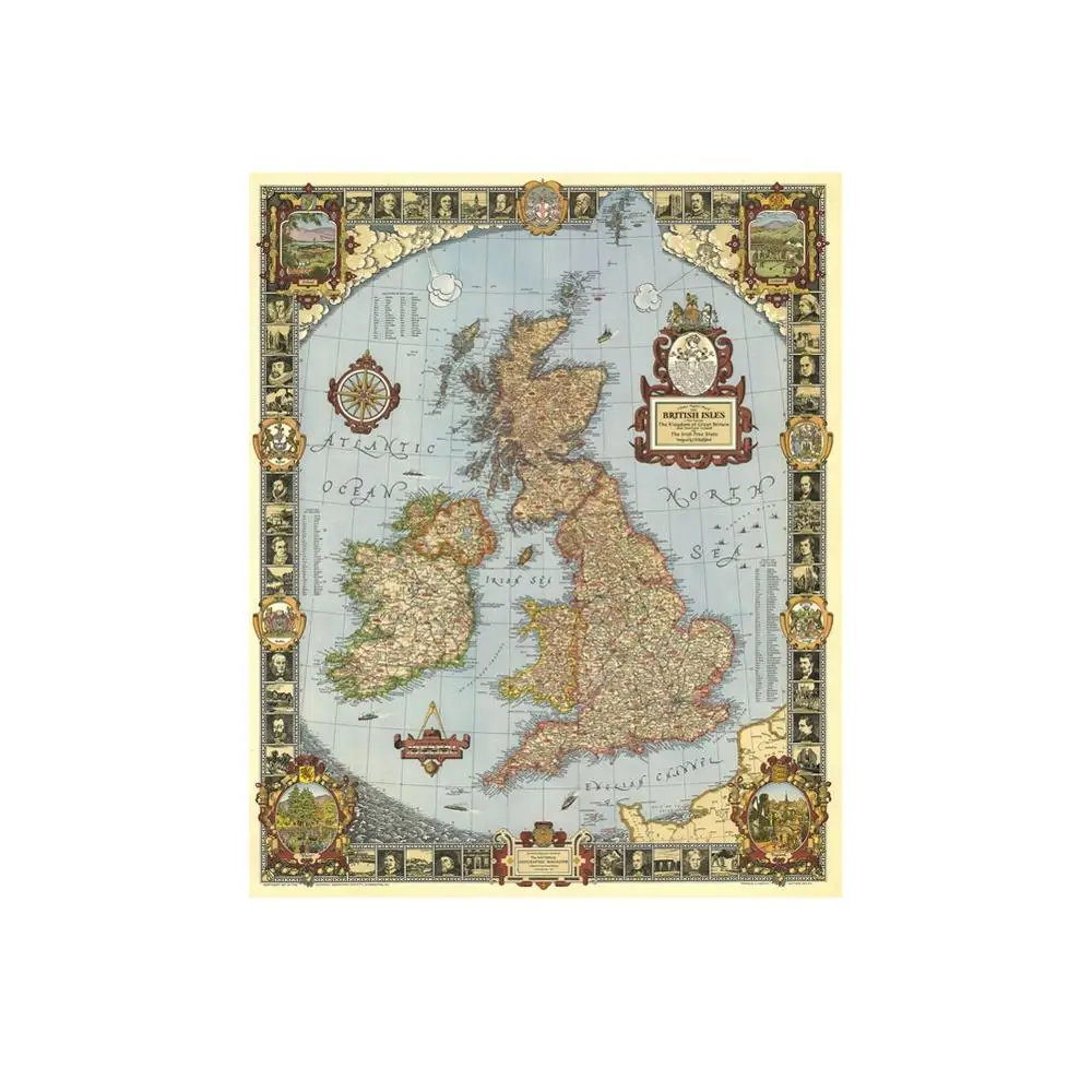 A2 Size Vintage Kingdom of Great Britain Map in 1937 HD Fine Canvas Decpr Map For Living Room/Study Room Wall Decor
