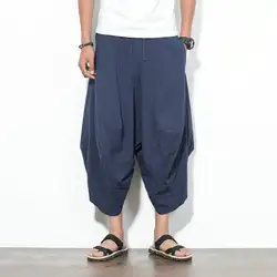 2019 мужская одежда в китайском стиле свободные брюки Непальские шаровары Большой промежности 7 хлопок лен мужские брюки оптом