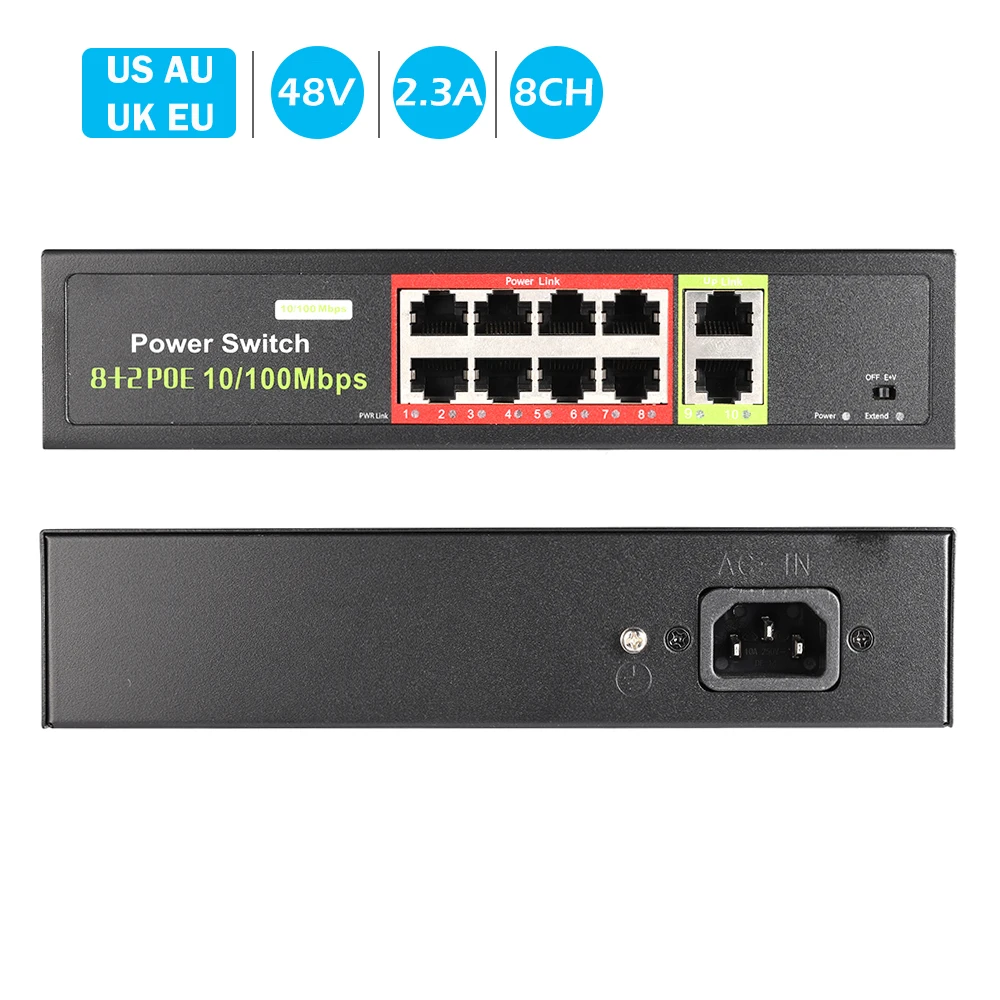 Interruptor POE de 10 puertos, fuente de alimentación de 48V, conmutador de red Ethernet, inyector de 8 PoE para cámara IP/sistema de cámara inalámbrico AP/CCTV
