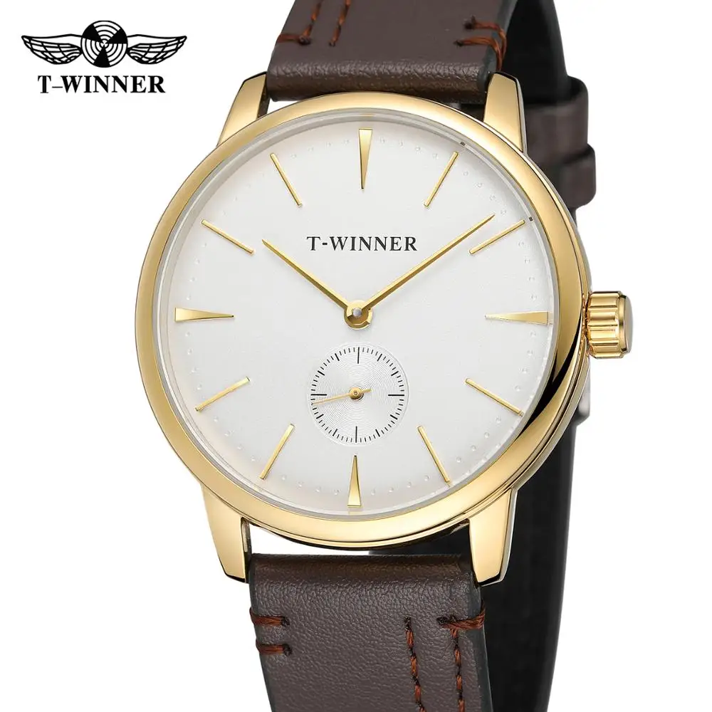 T-WINNER Fashion simple casual men's and women's wrist watch white dial gold case dark brown leather strap mechanical watch 3