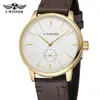 T-WINNER Fashion simple casual men's and women's wrist watch white dial gold case dark brown leather strap mechanical watch 3