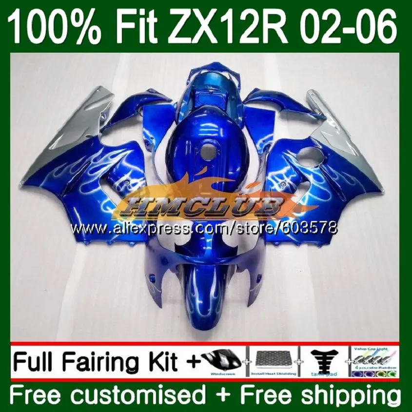 Инъекции для KAWASAKI ZX1200 ZX 12R ZX12R 02 03 04 05 06 114CL. 62 1200CC ZX-12R 2002 2003 2004 2005 2006 обтекатели, синего и серебряного цвета