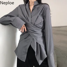 Neploe, женская блузка, несимметричный крест, тонкая талия, Blusas,, осень, корейский стиль, длинный рукав, рубашки, однобортный, однотонный топ, 56274