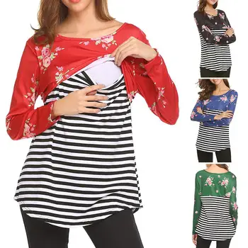 

Women Pregnant Long Sleeve Printing Matching Stripe T-Shirt maternity clothes nursing top t-shirt allaitement pregnant clothes