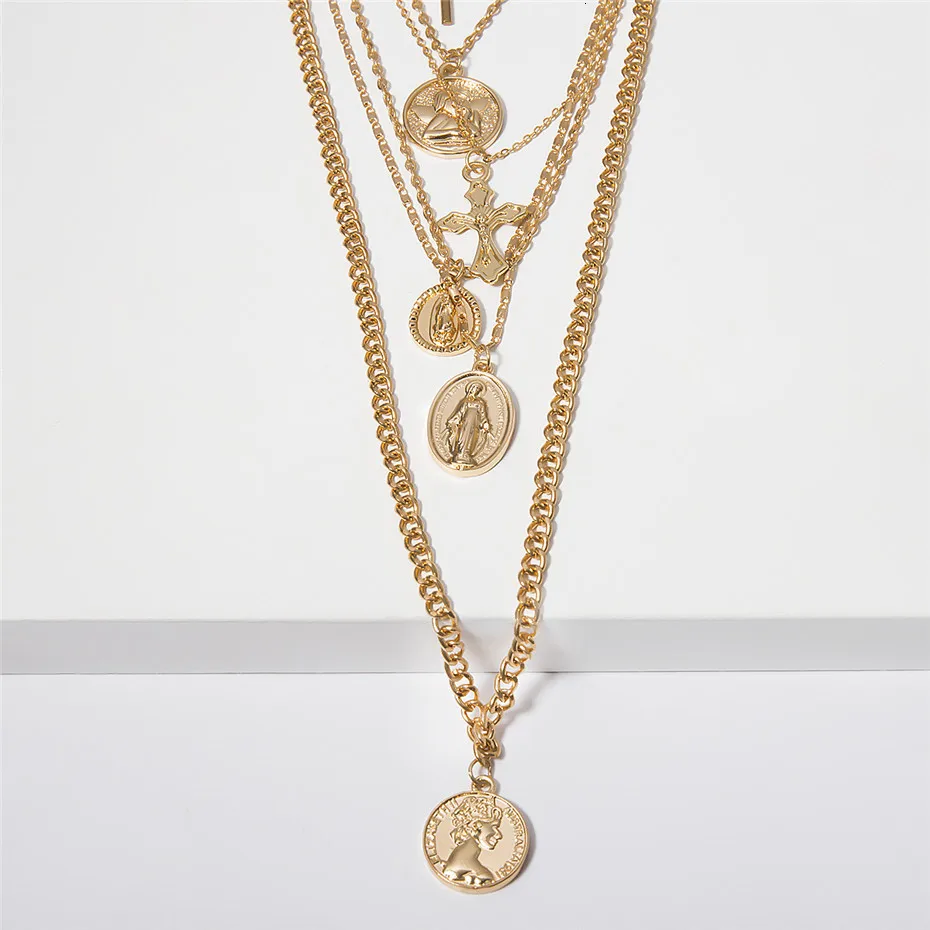 Винтажное многослойное резное ожерелье-чокер с кулоном ангела монета готический крест Девы Марии массивная цепочка длинное ожерелье женское ювелирное изделие