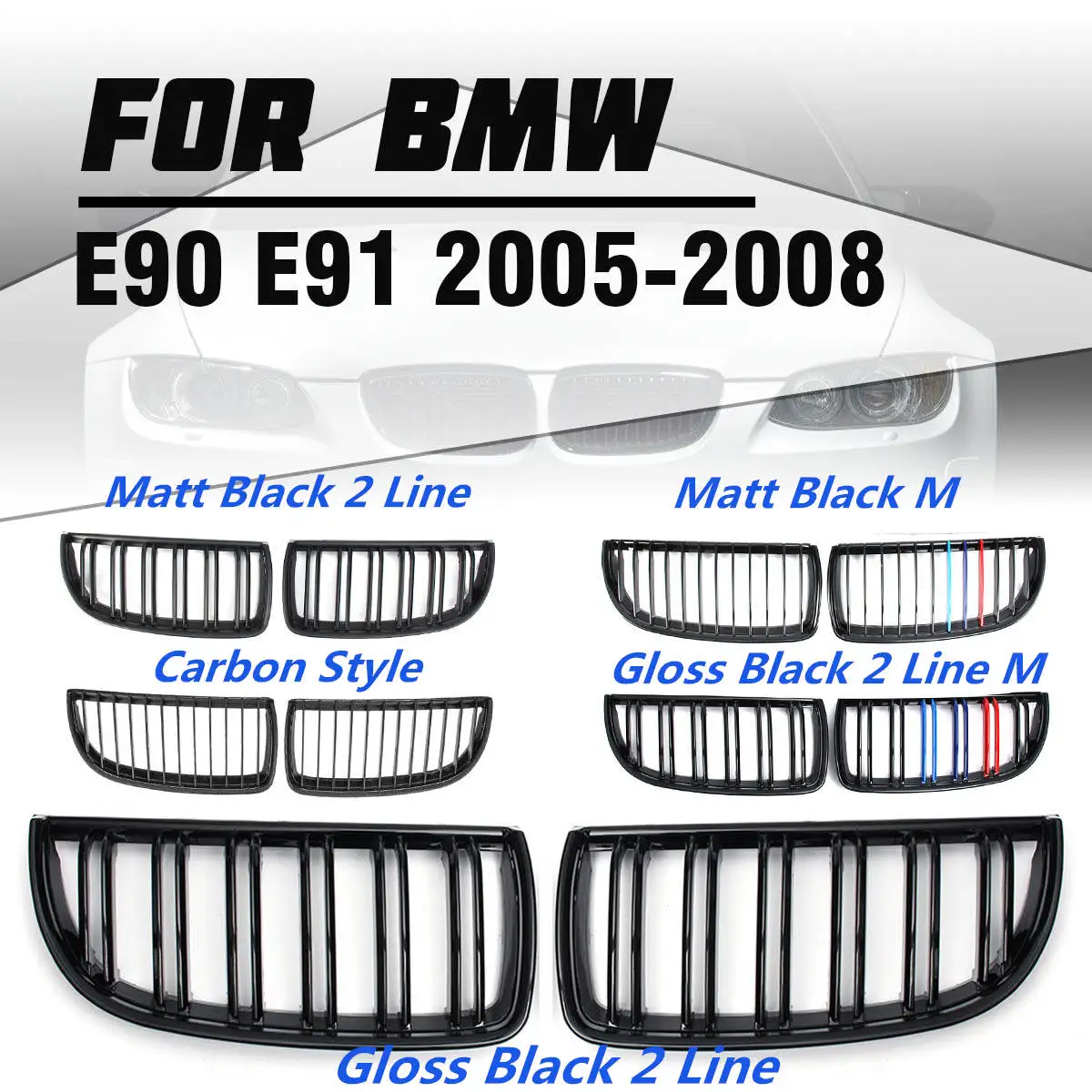 

4 Color Pair Front Gloss Matt Carbon M Color Black 2 Line Double Slat Kidney Grille Grill For BMW E90 E91 4 Door 2005 06 07 2008