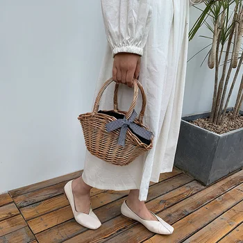 

Ribbons Bow Rattan Bag Beach Bags Natural Casual Handmade Woven Rattan Bags