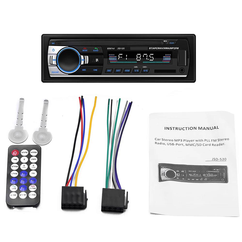 JSD-520 Bluetooth автомобильный аудио автомобильный радиоприемник проигрыватель Стерео Авторадио 12 В в-тире FM Aux вход приемник Поддержка sd-карты USB MP3 плеер
