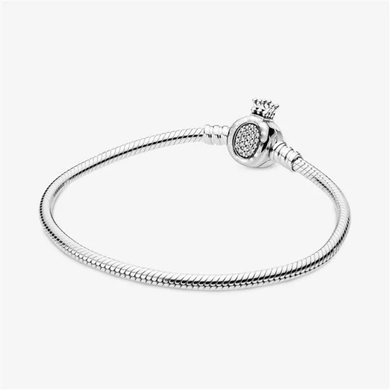 925 Серебряная корона О-образная Пряжка змеиная цепочка браслет из бусин, сделай сам по размеру Pandora очаровательный женский браслет ювелирное изделие