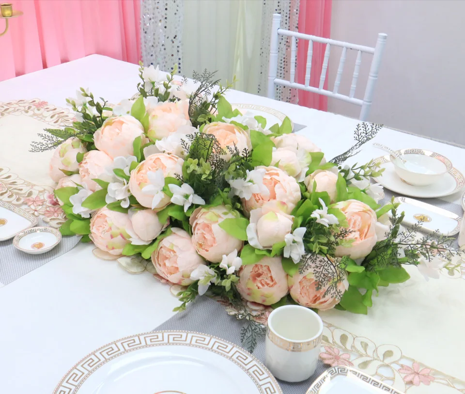 Custom luxury DIY wedding decor table flower runner artificial flower row arrangement table centerpieces rose peonies green leaf