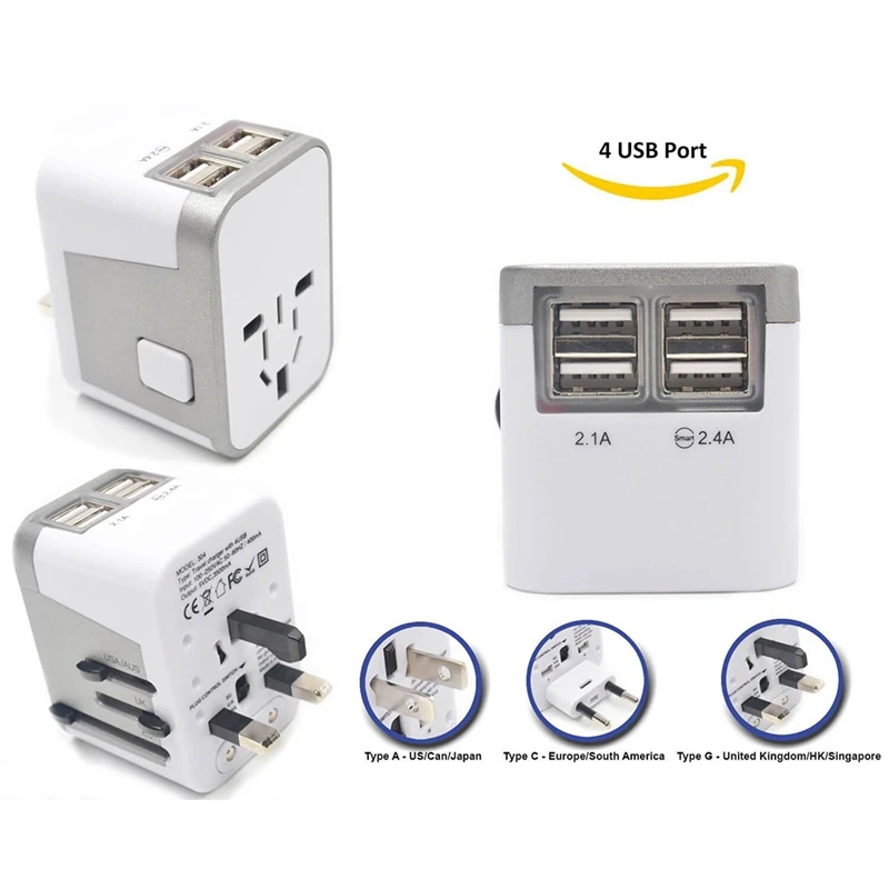 Адаптер с разъемом питания для международных поездок, 4 порта usb, рабочий-220 вольт, адаптер для путешествий, Тип C, тип A, тип G, тип I, для Великобритании Ja
