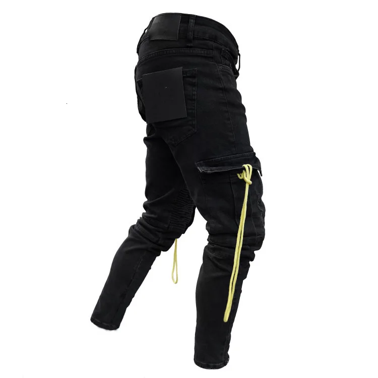 Men Black Cargo Jeans With Pocket Long Slim Fit Denim Pencil Pants Combat Biker Casual Stretch 4