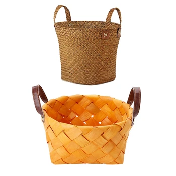 

1Pcs Hand-Woven Round Hand-Held Storage Basket 17X7.5Cm & 1Pcs Round Straw Basket with Handgrip Orange 33X21X26Cm