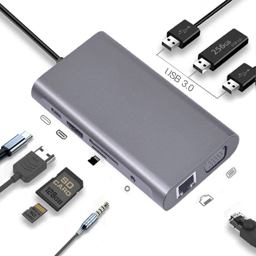 10 в 1 USB-C USB 3 к HDMI 4K VGA аудио Jack RJ45 Lan Ethernet Тип C PD адаптер для зарядного устройства 0 OTG
