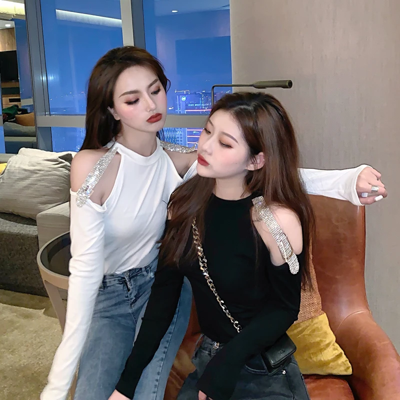 WHITNEY WANG футболка Весенняя мода Уличная Сексуальная Открытая с открытыми плечами бандажная футболка с бриллиантами Женские топы Футболка