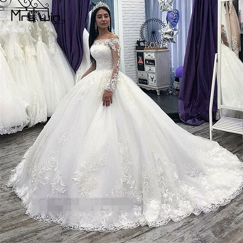 

Mrs win Wedding Dress Elegant Long Sleeve Wedding Dresses Boat Neck Lace Vestido De Noiva Plus Size White Bridal Gowns HR030