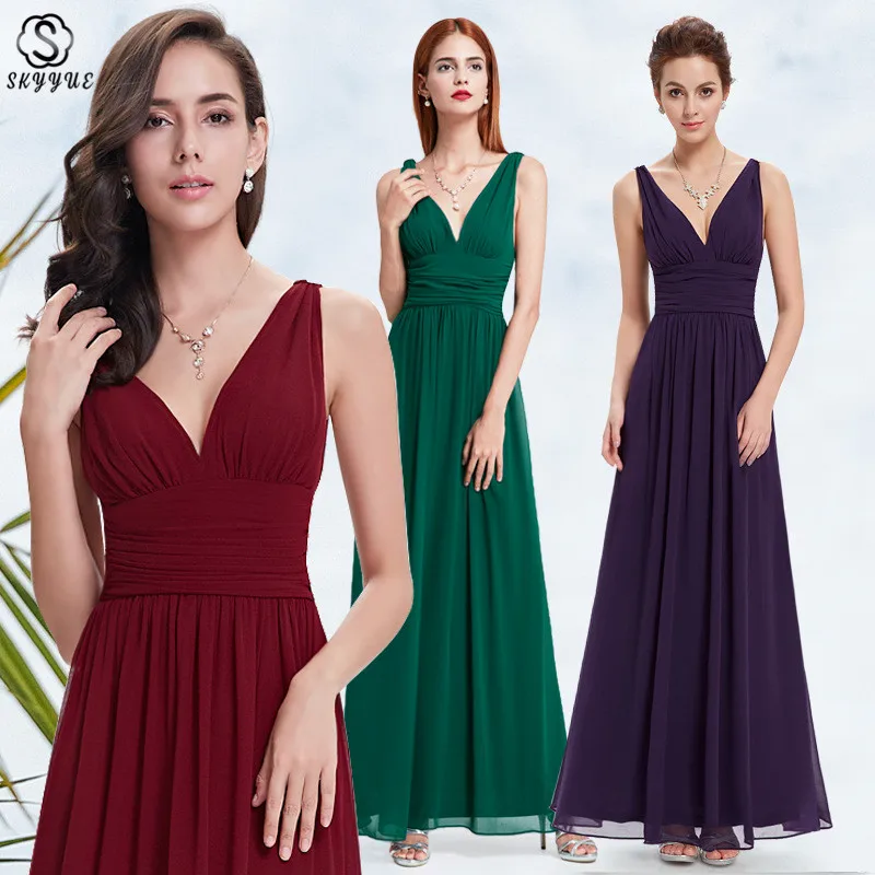 

Skyyue Bridesmaid Dress for Girls Plus Size V-neck Vestido Madrinha Elegant Chiffon Sleeveless Pleat Wedding Party Dresses C434