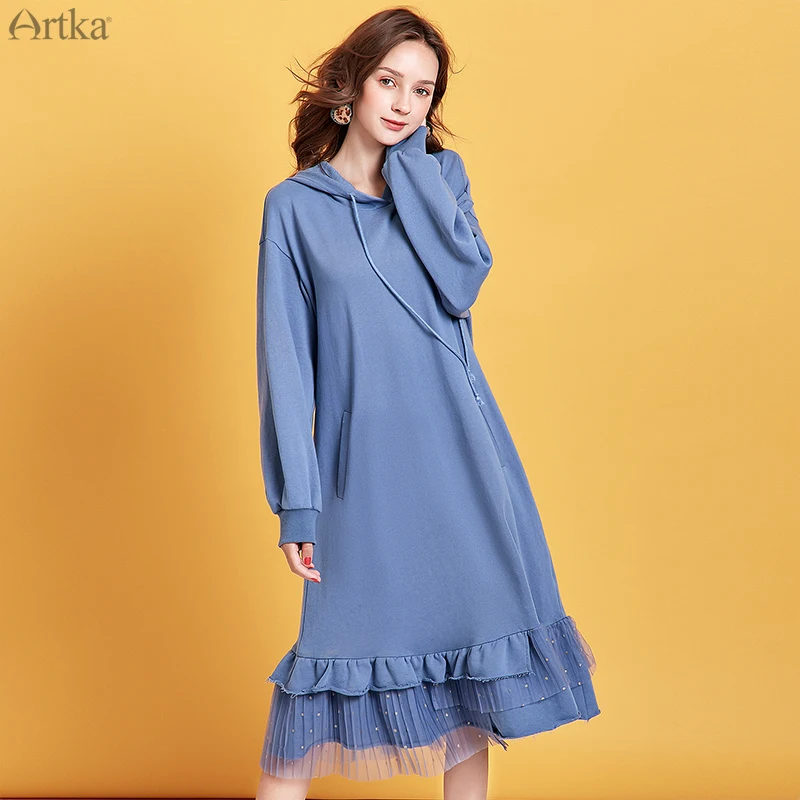 

ARTKA 2019 Autumn Winter New Women Dress 100% Cotton Ruffled Mesh Stitching Dresses Casual Loose Hoodies Long Dresses ZA10097D