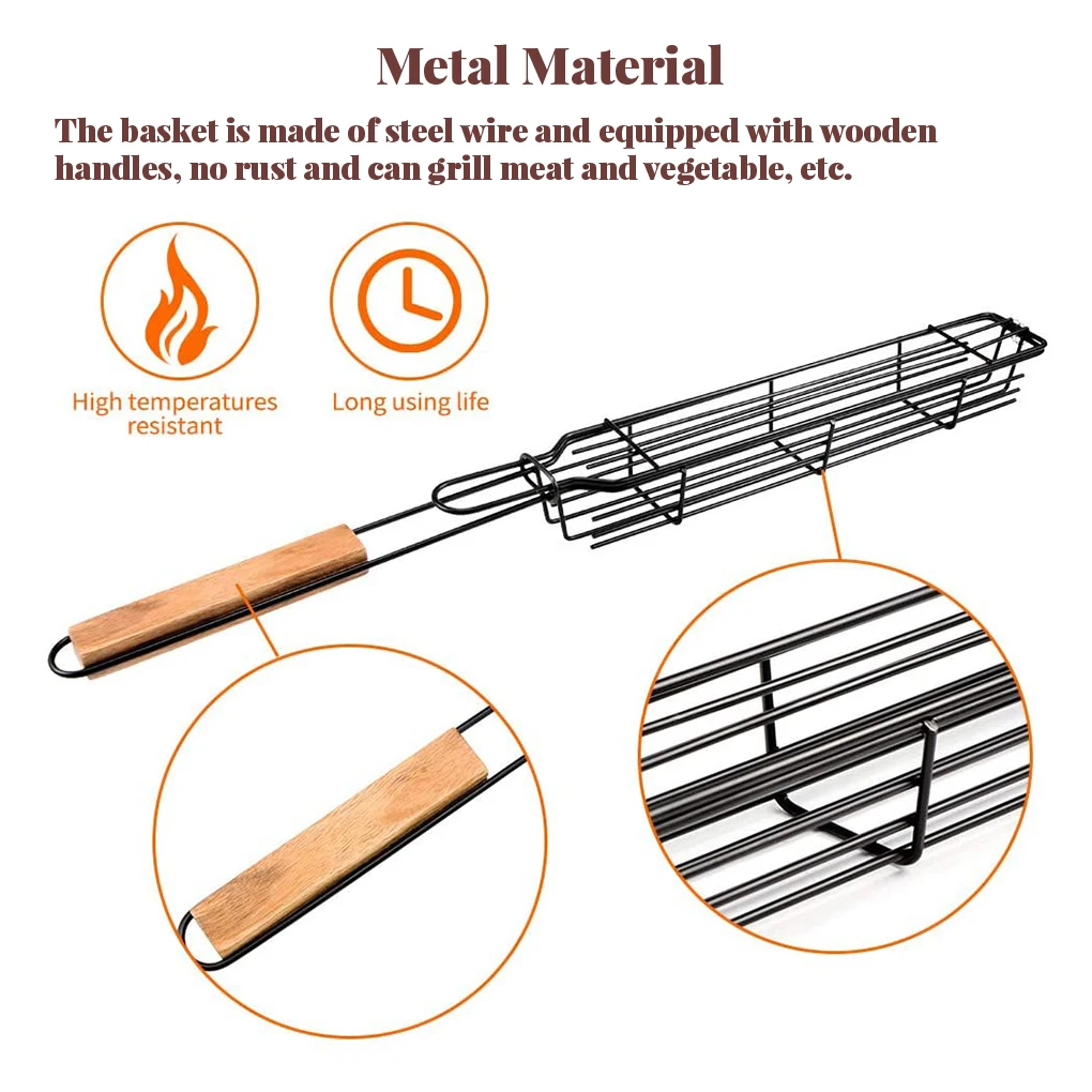 Steel Reusable Grilling Basket BBQ Grill Rack Heavy Duty Barbecue Meat Holder Stick Camping Picnic Accessories Tool