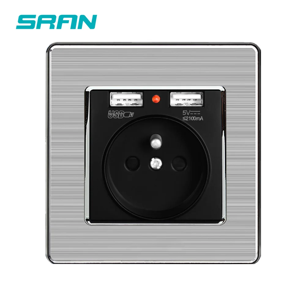 SRAN Франция стандартная настенная розетка с интерфейсом USB панель из нержавеющей стали электрическая розетка 86*86 мм, украшение дома жесткий