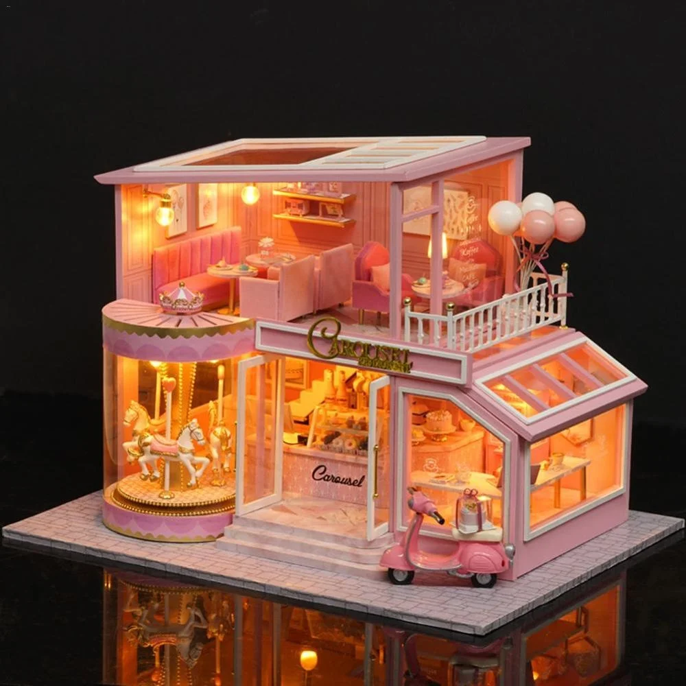 

Wooden Miniature DIY DollHouse Toy With Furniture Kit Casa Music Led Assemble 3D Doll House Model Carousel Toys For Children