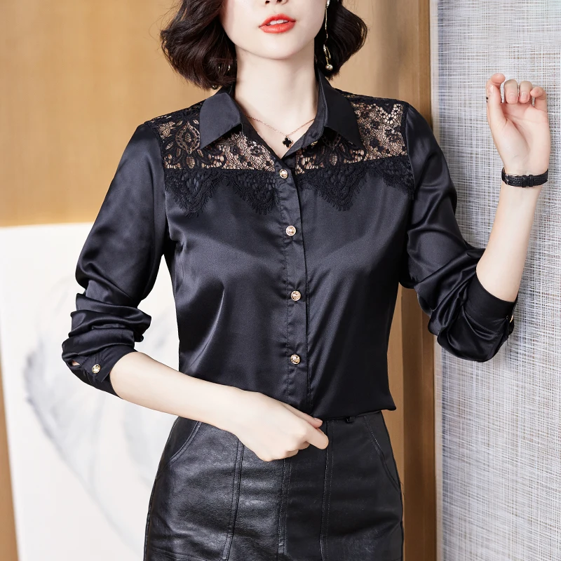 

Professional Black Shirts Female Silk Long Sleeve Chiffon Blouse Women Elegant Temperament Lace Stitching Tops Lady Office Tunic