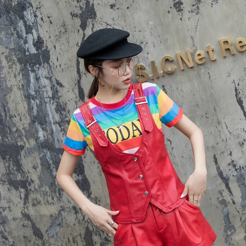 Жилет из натуральной кожи, сексуальный бант, открытая спина, глубокий v-образный вырез, пряжка, ремень, топы жилет без рукавов, Женский Осенний Повседневный короткий жилет на пуговицах спереди - Цвет: Красный