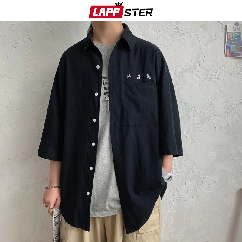 LAPPSTER Men Embroidery Kpop Korean Shirts 2020 Mens Harajuku Black Shirt Half Sleeve Male Vintage Casual Button Up Shirt LAPPSTER Men Embroidery Kpop Korean Shirts 2020 Mens Harajuku Black Shirt Half Sleeve Male Vintage Casual Button Up Shirt