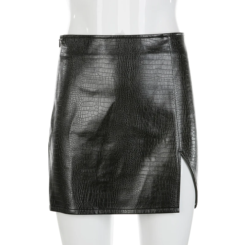 Sweetown панк готический крокодиловая полосатая кожаная юбка с высокой талией Женская Rave одежда черная однотонная мини-юбка трапециевидной формы уличная одежда