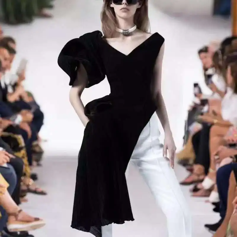 

V-neck Bubble Sleeve Short Sleeve Irregular Hem High Waist Black Velvet Shirt Blouse Ladie Blusas Blusa Mujer