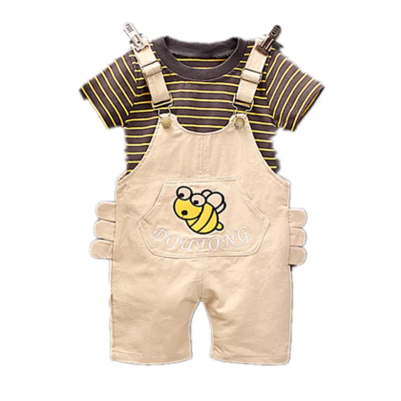 

2019 Summer Baby Girls Boys Clothing Sets Infant Clothes Suits Stripe T Shirt Cartoon Bib Strap Shorts 2pcs Kid Children Costume