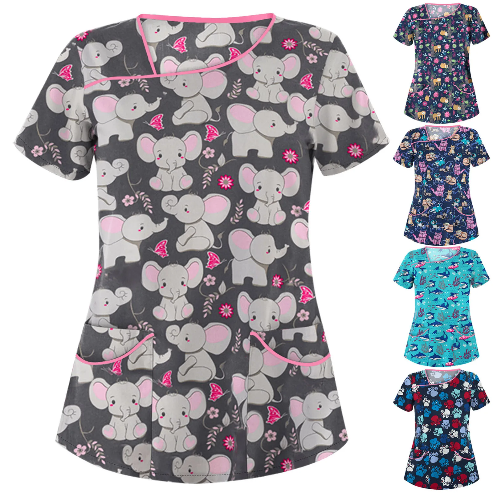 Женская медицинская форма с принтом слона топы коротким рукавом и V-образным