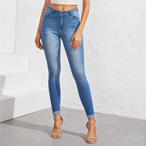ROMWE синие потертые узкие джинсы с манжетами, женские повседневные джинсы, весна-осень, одежда для женщин, однотонные джинсы с высокой талией - Цвет: Синий