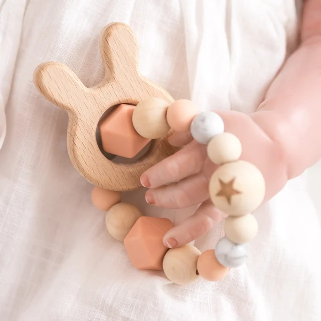 1PC Silicone Beads Teether Wooden Beads Bracelet Nursing Teething Toys BPA Free Beech Wooden Star Bracelet DIY Baby Teether 1