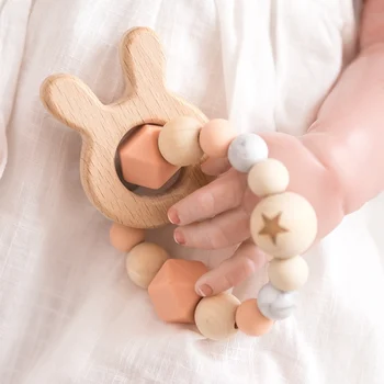 

1PC Silicone Beads Teether Wooden Beads Bracelet Nursing Teething Toys BPA Free Beech Wooden Star Bracelet DIY Baby Teether