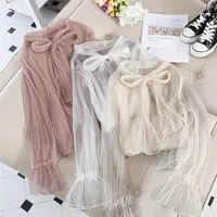 2020 New Spring Summer Women Mesh Blouse Solid Casual Tie Bow Lace Shirts Female Long Sleeve Blouses Bottoming Shirt Tops AB1825 1