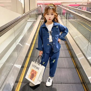 

INS hot girls suit 3-9 years old cotton Hole in solid color denim 2-piece suit kids clothing toddler girl clothes kids clothes