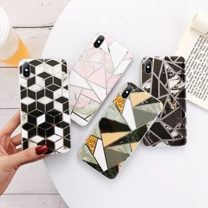 

Ottwn Geometric Marble Phone Cases For iPhone 6 6S 7 8 Plus X XS XR XS Max Splice Laser Electroplated Hard PC Plastic Back Cover