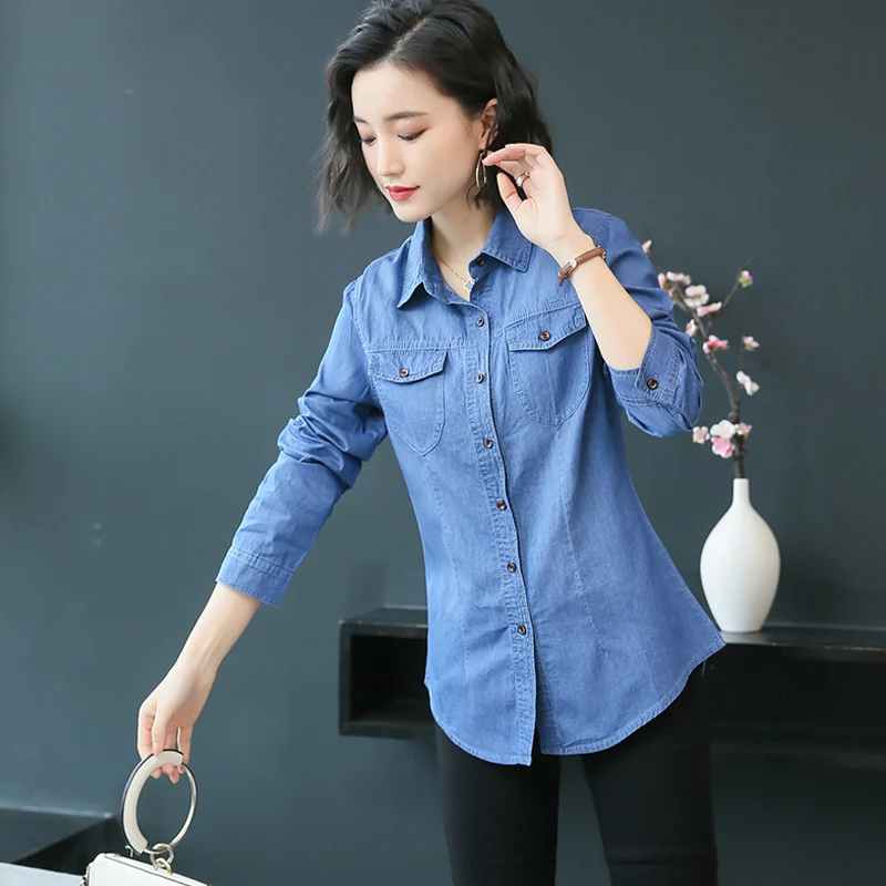 S-3XL Women Denim Shirt Spring Autumn 2024 New Casual Retro Long-sleeve Loose Tops Shirts Slim Cotton Blouse Female