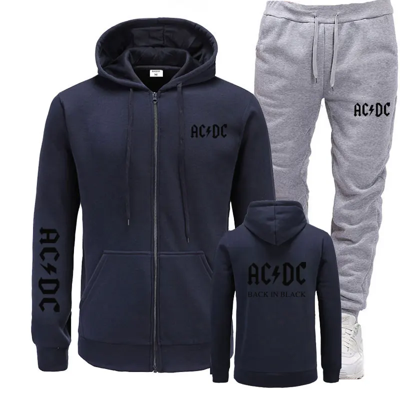 Бренд, толстовки+ штаны для мужчин, бренд AC/DC, рок-принт с графическими буквами, модная мужская спортивная одежда, повседневный мужской спортивный костюм, костюмы - Цвет: navy light gray 2